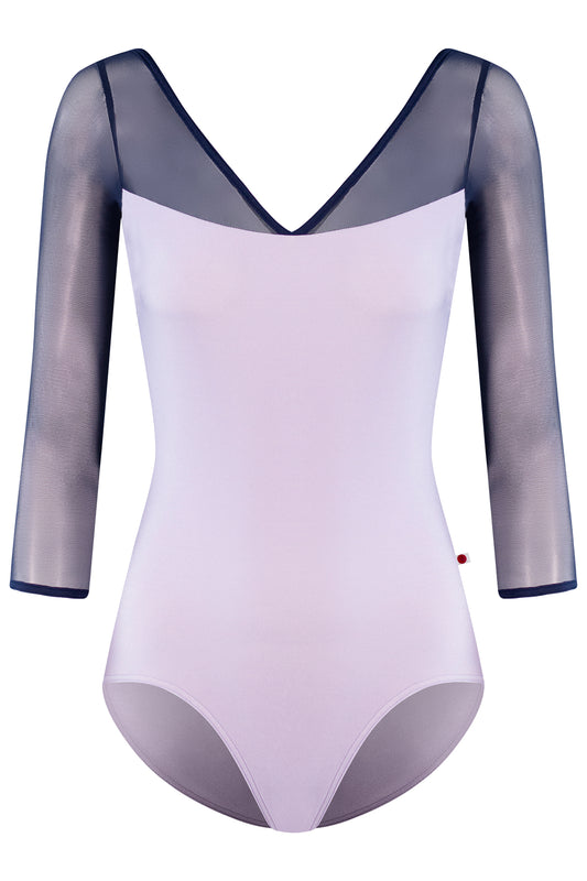 Masha leotard, lilac with sheer navy mesh three-quarter sleeves and a navy-trimmed V-neck.