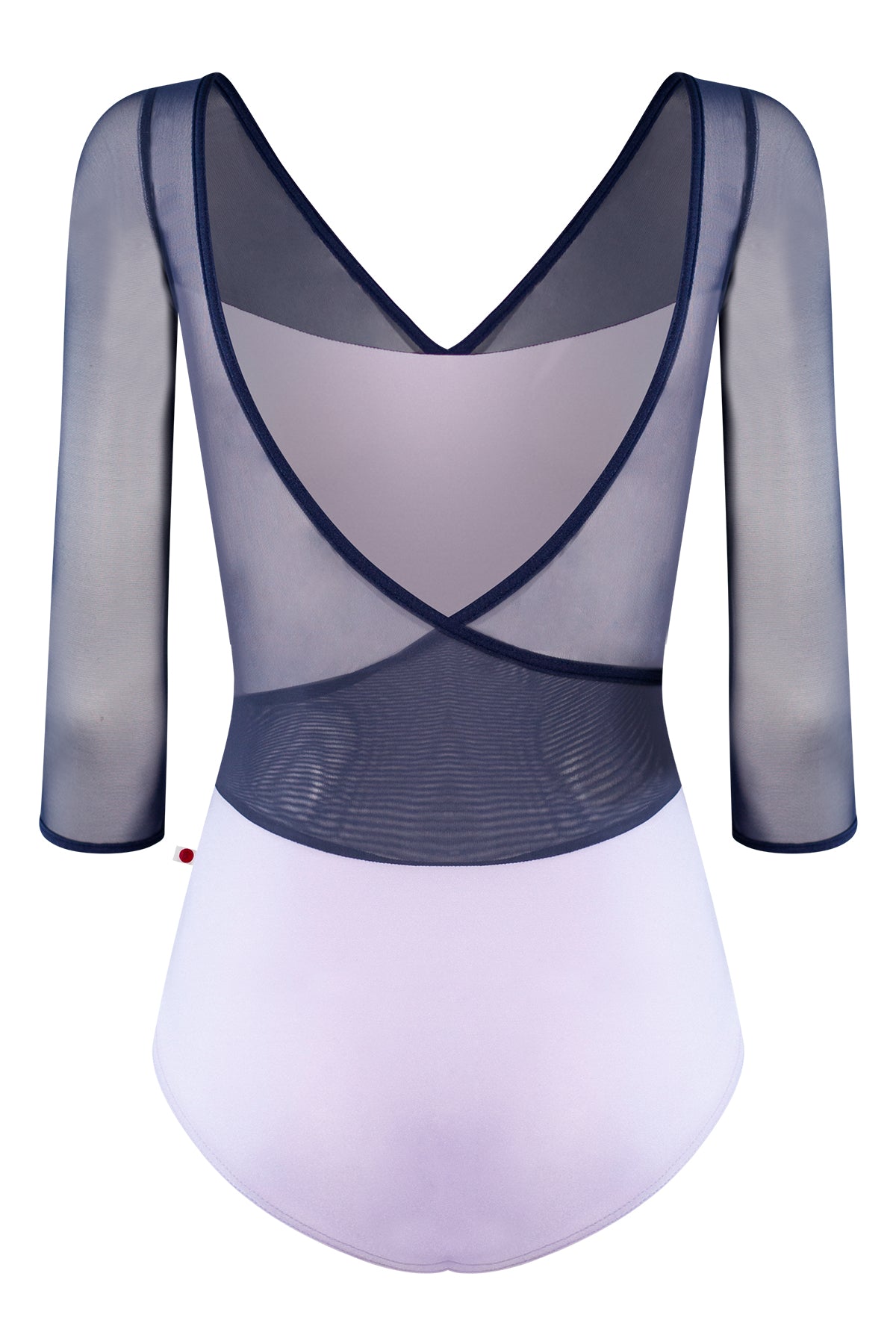Masha leotard, lilac with sheer navy mesh three-quarter sleeves and a navy-trimmed V-neck.