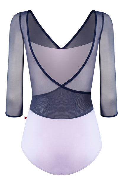 Masha leotard, lilac with sheer navy mesh three-quarter sleeves and a navy-trimmed V-neck.