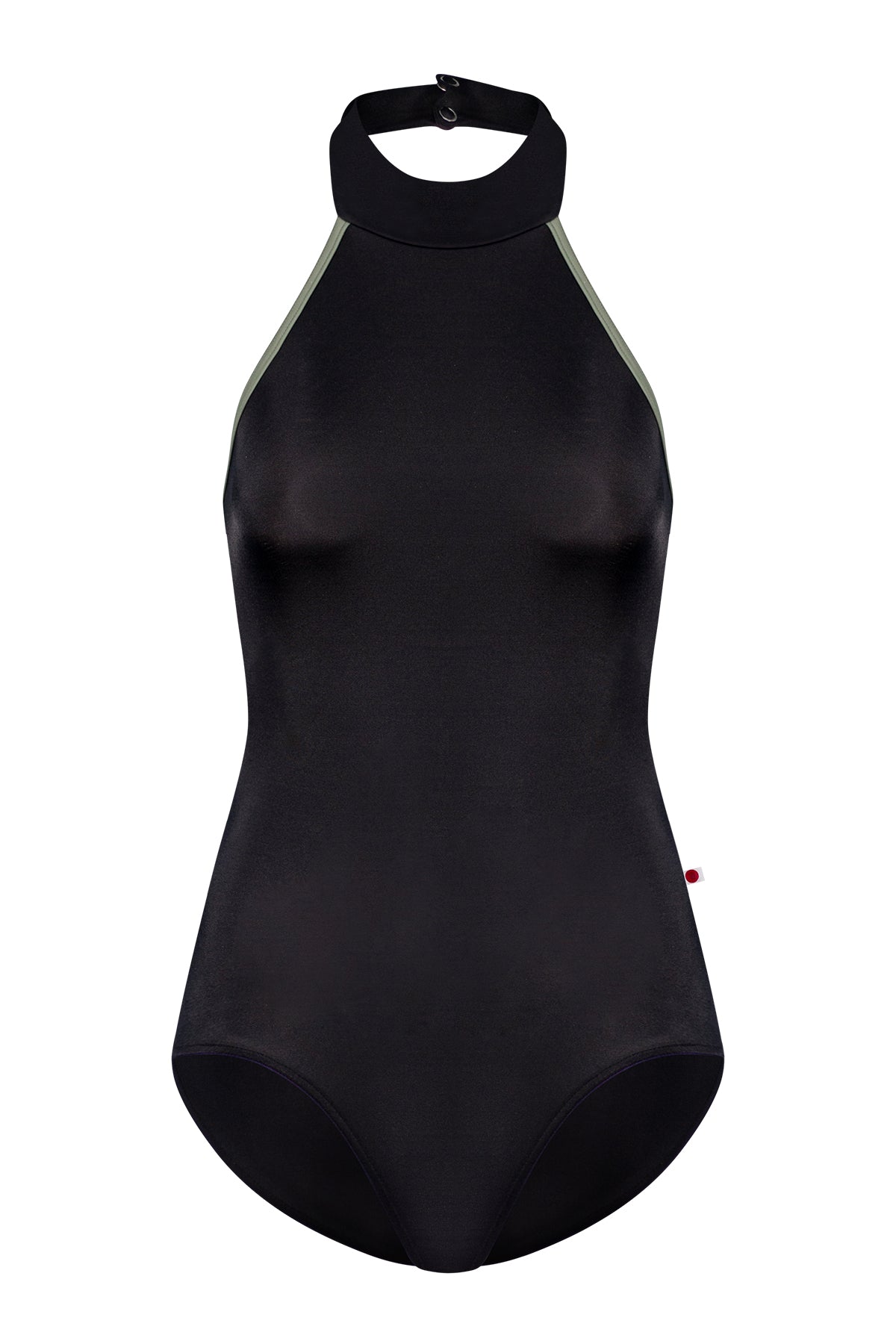 Sarah leotard, black with a high halter neck and pale-sage side trim, open back.