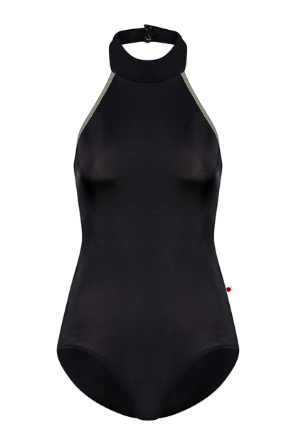 Sarah leotard, black with a high halter neck and pale-sage side trim, open back.