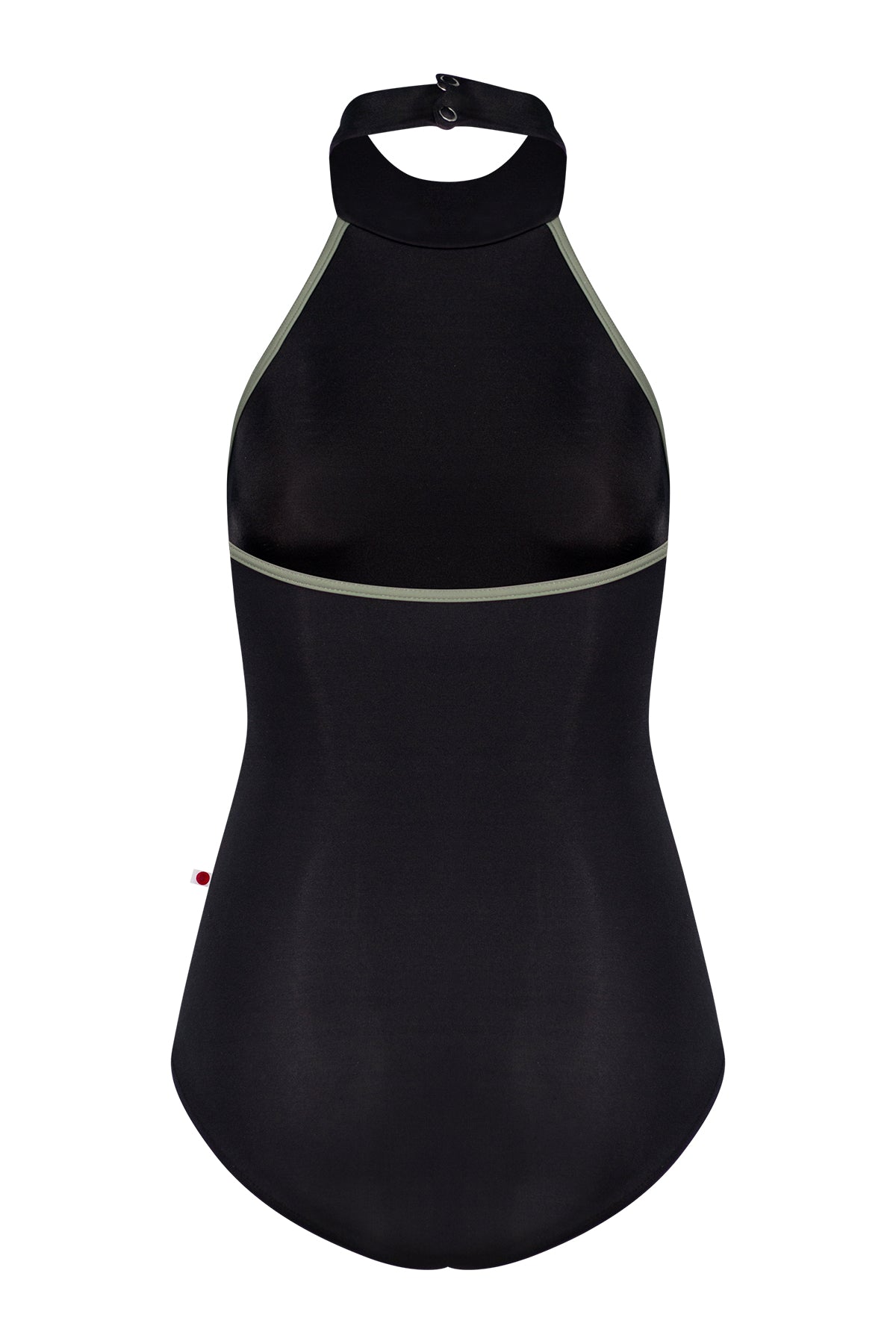 Sarah leotard, black with a high halter neck and pale-sage side trim, open back.