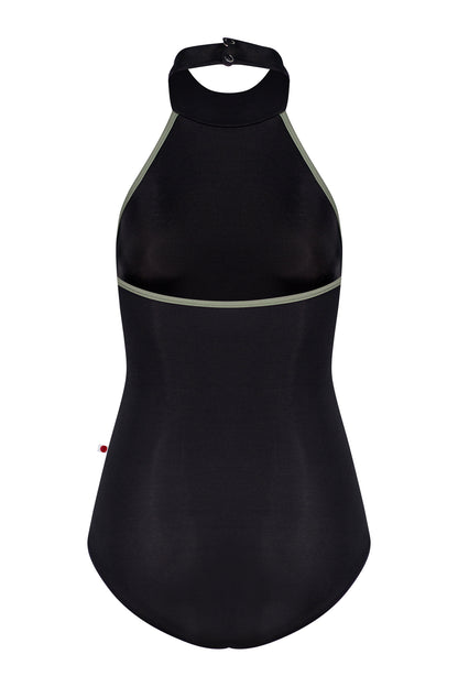 Sarah leotard, black with a high halter neck and pale-sage side trim, open back.