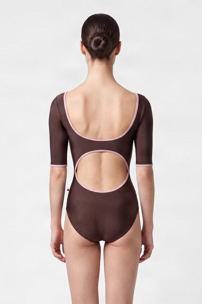 Veronique leotard, mocha-brown with a scoop neck, pink trim and three-quarter sleeves.