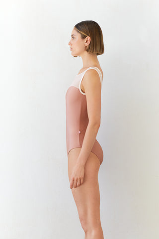 Jane leotard in N-Rosewood body color with Mesh Blush top color and CV-Misty Rose trim color