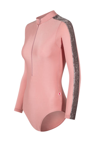 Jessica Black Label leotard in N-Antique rose body color with CV-Phantom side stripe and long sleeves