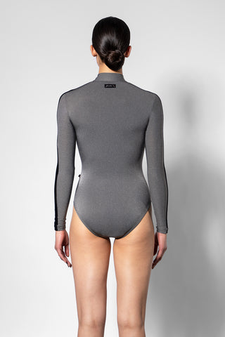 Jessica Black Label leotard in Grey Granite body color with Black side stripe and long sleeves