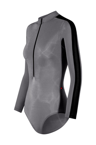 Jessica Black Label leotard in Grey Granite body color with Black side stripe and long sleeves