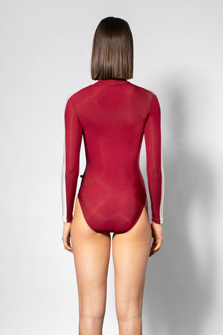 Jessica Black Label leotard in N-Berry body color with T-White side stripe and long sleeves