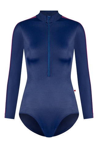 Jessica leotard in T-Cosmo body color with V-Roxy side stripe and long sleeves