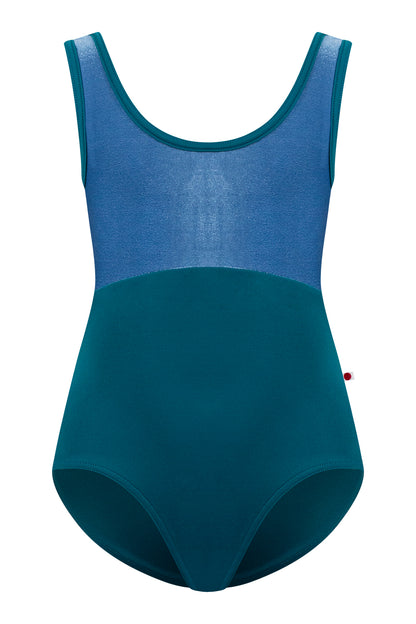 Kids Marieke Duo leotard in T-Zenith body color with V-Ocean top color and T-Zenith trim color