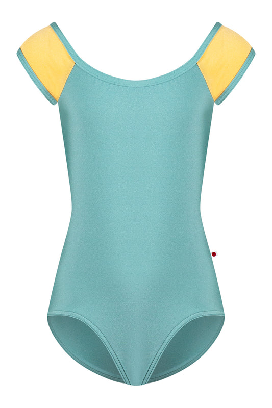 Kids Wendy leotard in N-Cactus body color with N-Daffodil top color and N-Cactus trim color