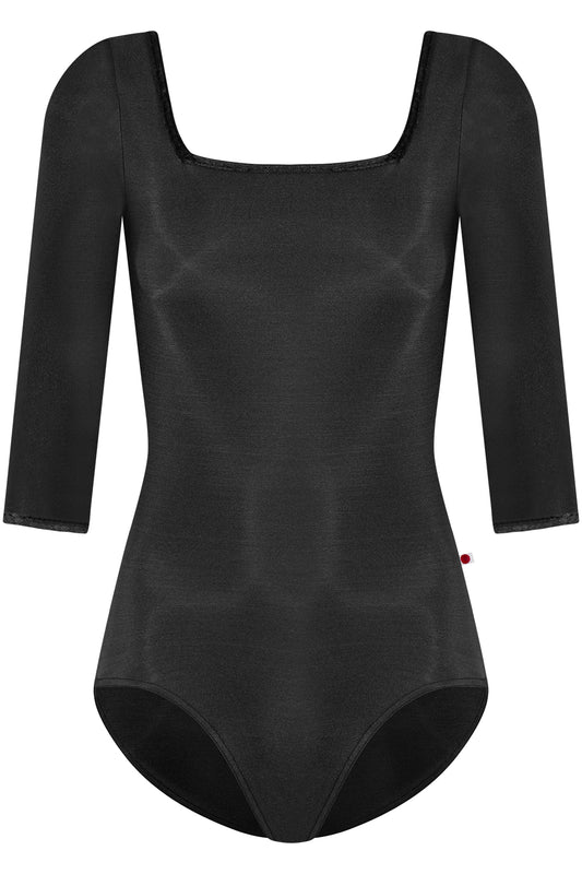 Marieke leotard in N-Black body color with CV-Black trim color and 3Q sleeves
