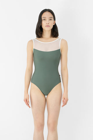 Meagan leotard in N-Sage body color with Mesh White top color and T-White trim color