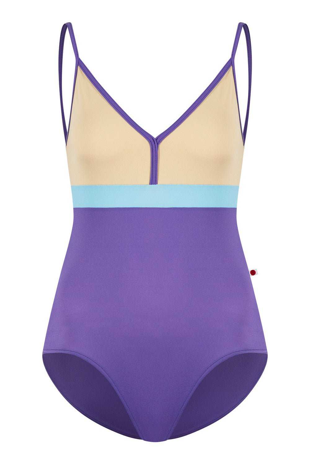 Zoe leotard in T-Wisteria body & trim color with T-Vanilla top color and T-Pool middle band color