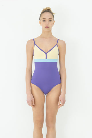 Zoe leotard in T-Wisteria body & trim color with T-Vanilla top color and T-Pool middle band color