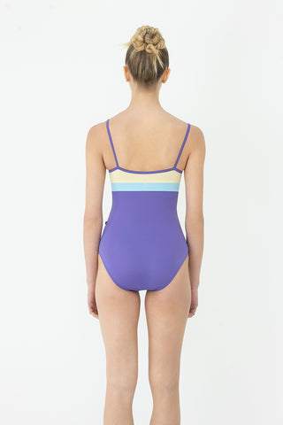Zoe leotard in T-Wisteria body & trim color with T-Vanilla top color and T-Pool middle band color